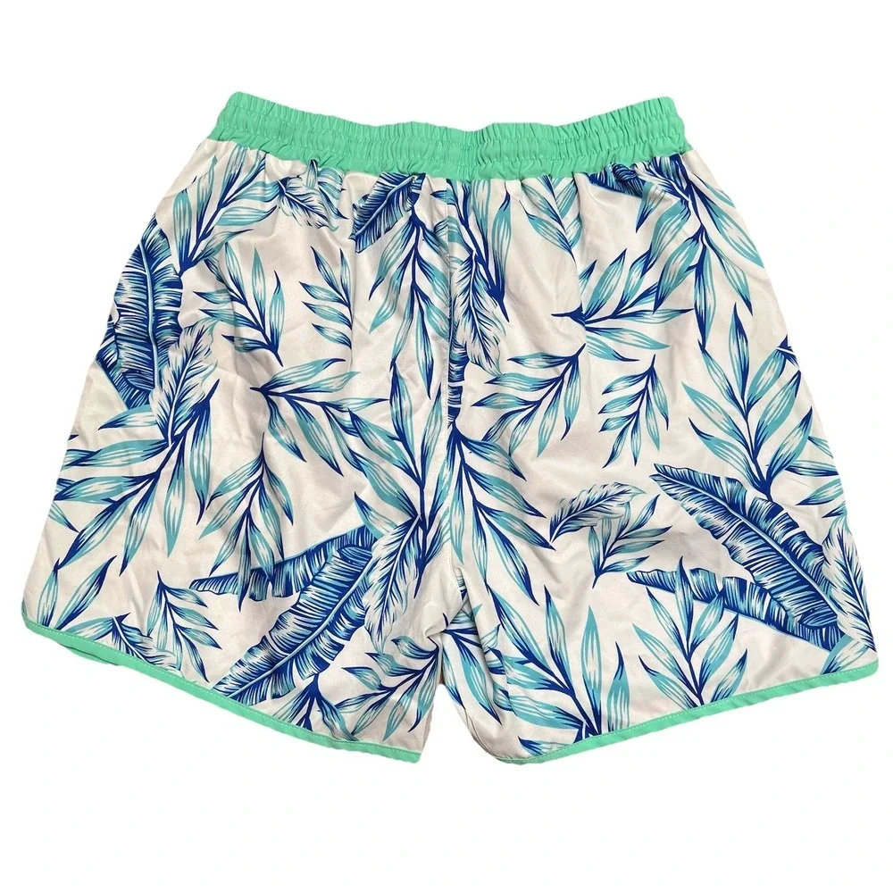 Unbranded Mens White XL Board Shorts Blue & Green Palm Fronds Pockets Green Trim